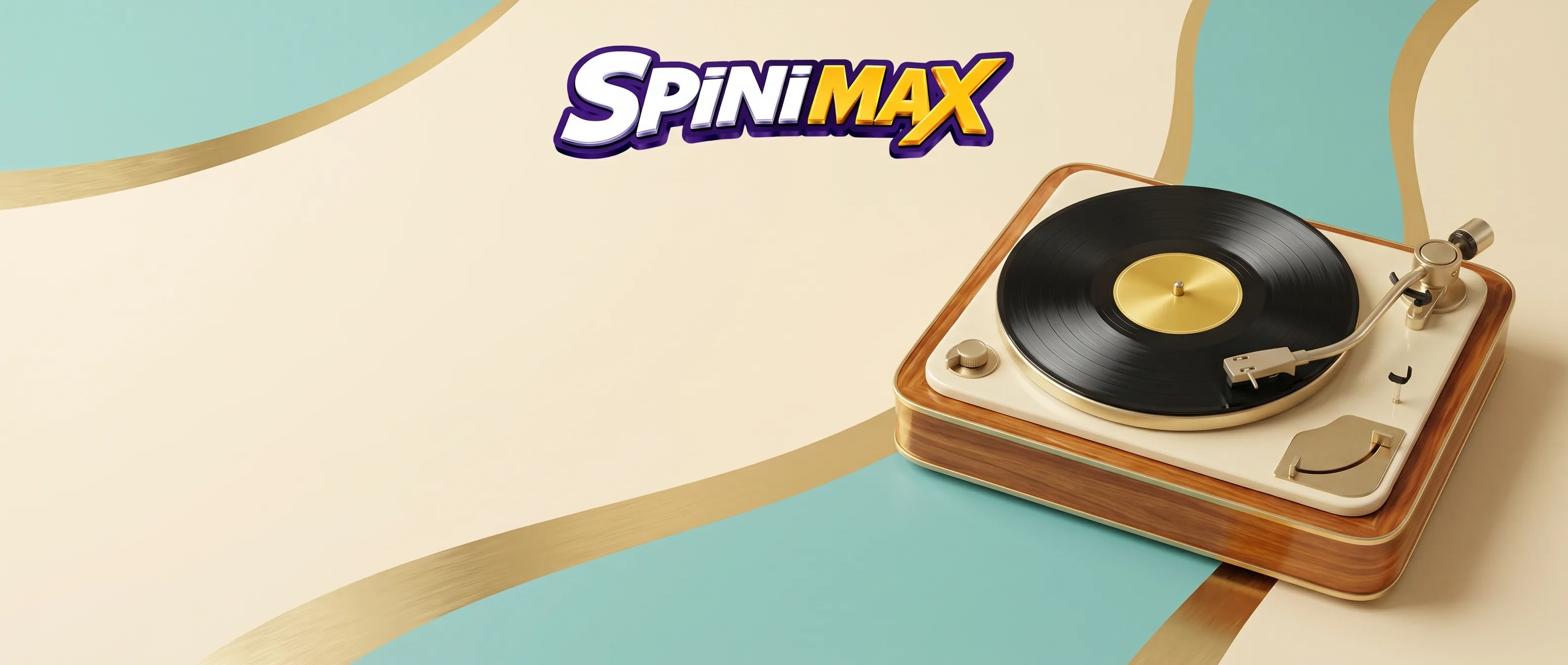 Spinimax mit einem goldenen Plattenspieler vor mintfarbenen und cremefarbenen Bögen