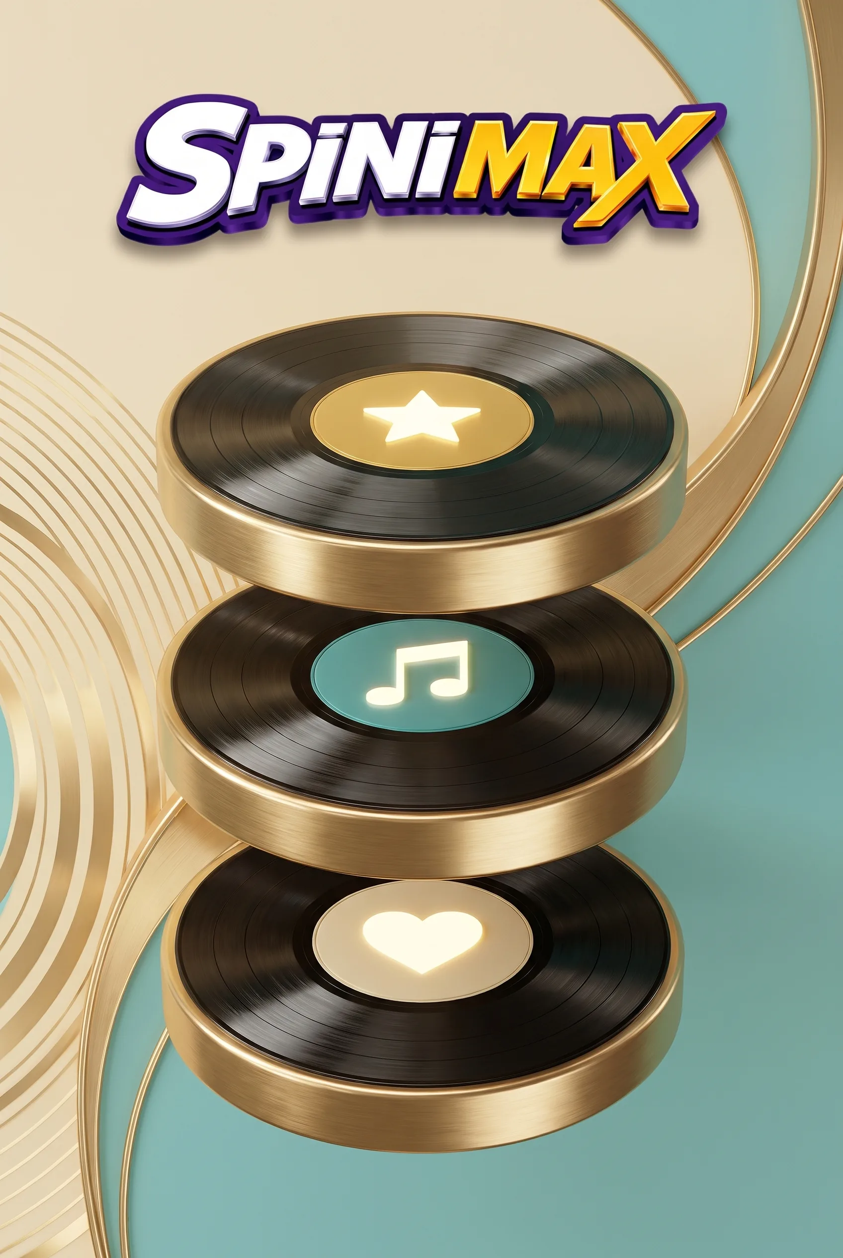 Spinimax mit drei goldgerahmten Schallplatten und leuchtenden Spielsymbolen